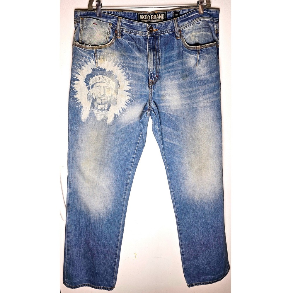 AKOO Brand Men Native American Graphic Light Wash Denim Jeans Size 40 Streetwear